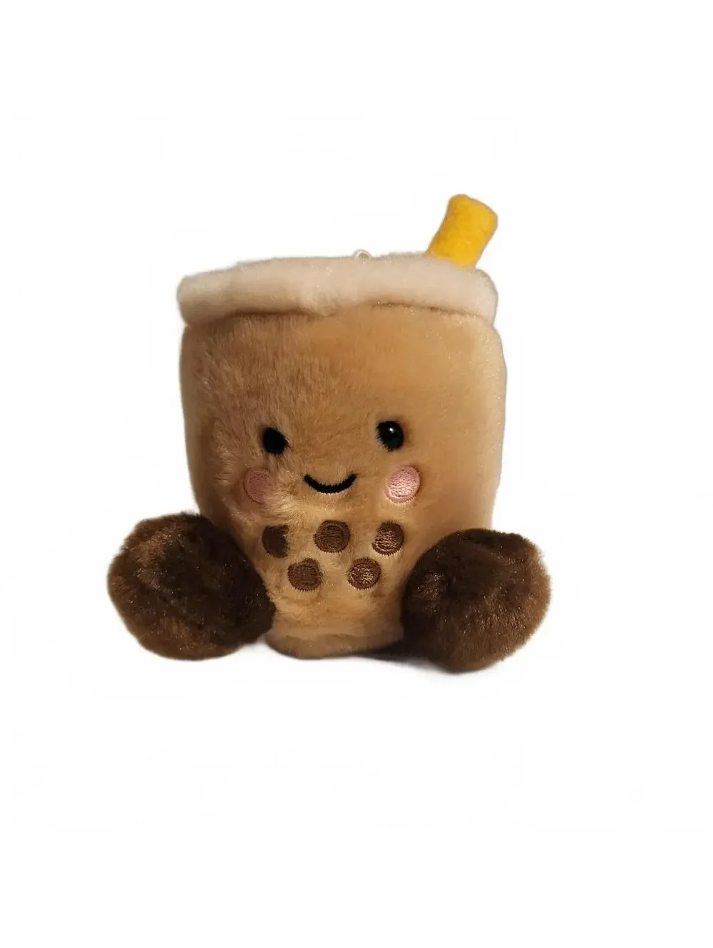 Palm Pals Plush Bubble Tea Keychain with Smiling Face and Metal Clasp, Brown